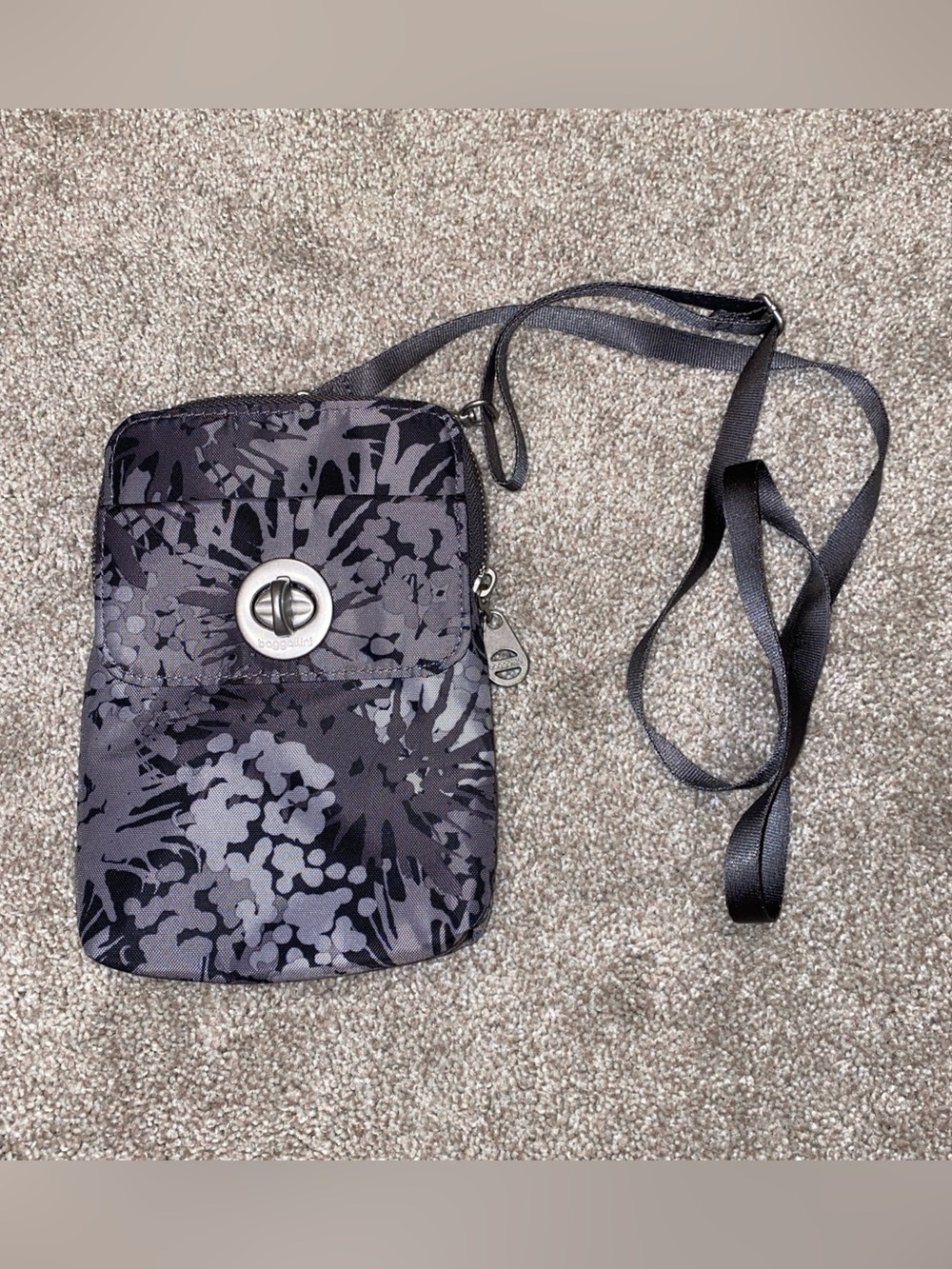 Baggallini Lima Mini Crossbody Bag Gray Black Print RFID Travel